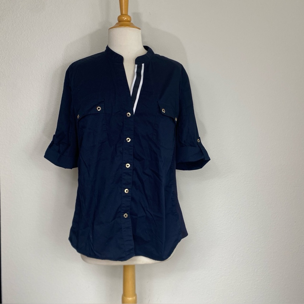 Anne Klein Women Navy Snap Button Rolled Tab Sleeve Blouse Sz XL Classic Coastal
